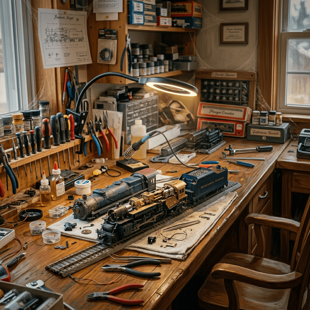 Man repairing model train with tools at workbench under lamp
